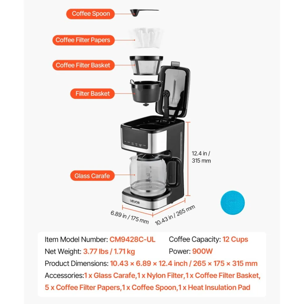VEVOR Programmable Coffee Maker, 12 Cup Programmable Drip Coffee Makers with Touch Screen, 4-Hour Keep Warm Coffee Makers Drips, 2 Brew Strengths Drip Coffee Machine for Home, 24-Hour Programmable