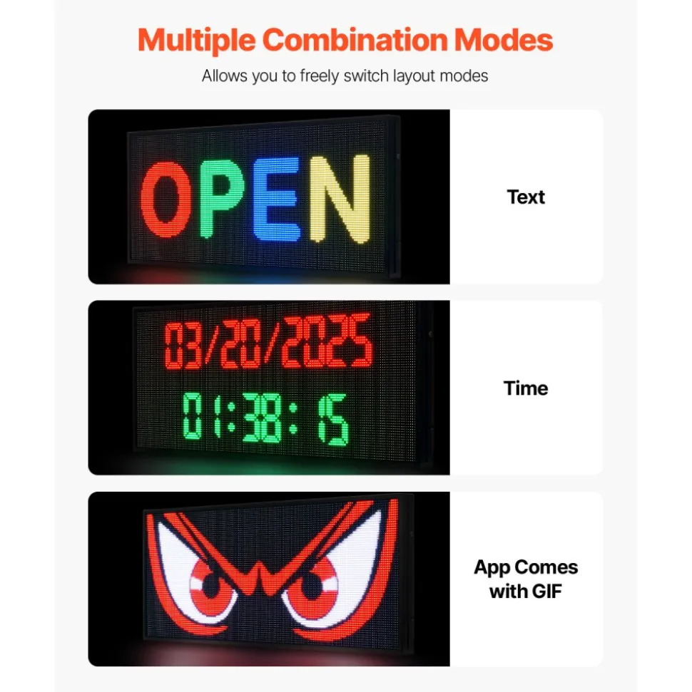 VEVOR Programmable LED Sign, P10 Full Color Flexible Digital Scrolling Panel, DIY Custom Text Pattern GIF Display Board, Bluetooth APP Control Message Shop Sign for Store Business Advertising, 52x8 in