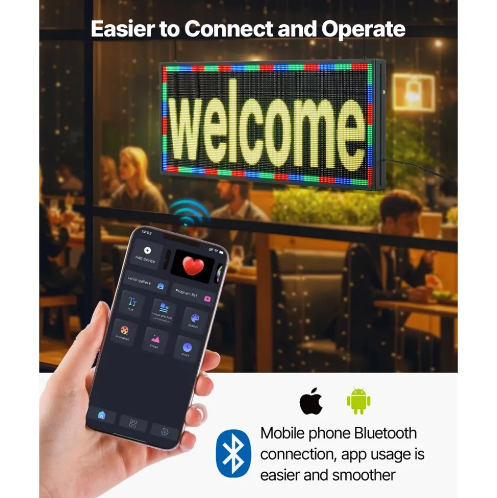 VEVOR Programmable LED Sign, P10 Full Color Flexible Digital Scrolling Panel, DIY Custom Text Pattern GIF Display Board, Bluetooth APP Control Message Shop Sign for Store Business Advertising, 52x8 in