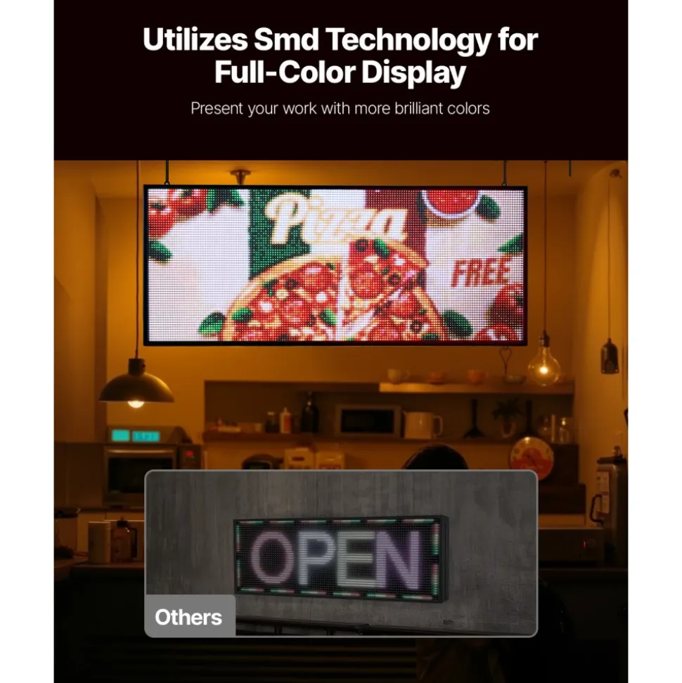 VEVOR Programmable LED Sign, P10 Full Color Flexible Digital Scrolling Panel, DIY Custom Text Pattern GIF Display Board, Bluetooth APP Control Message Shop Sign for Store Business Advertising, 52x8 in