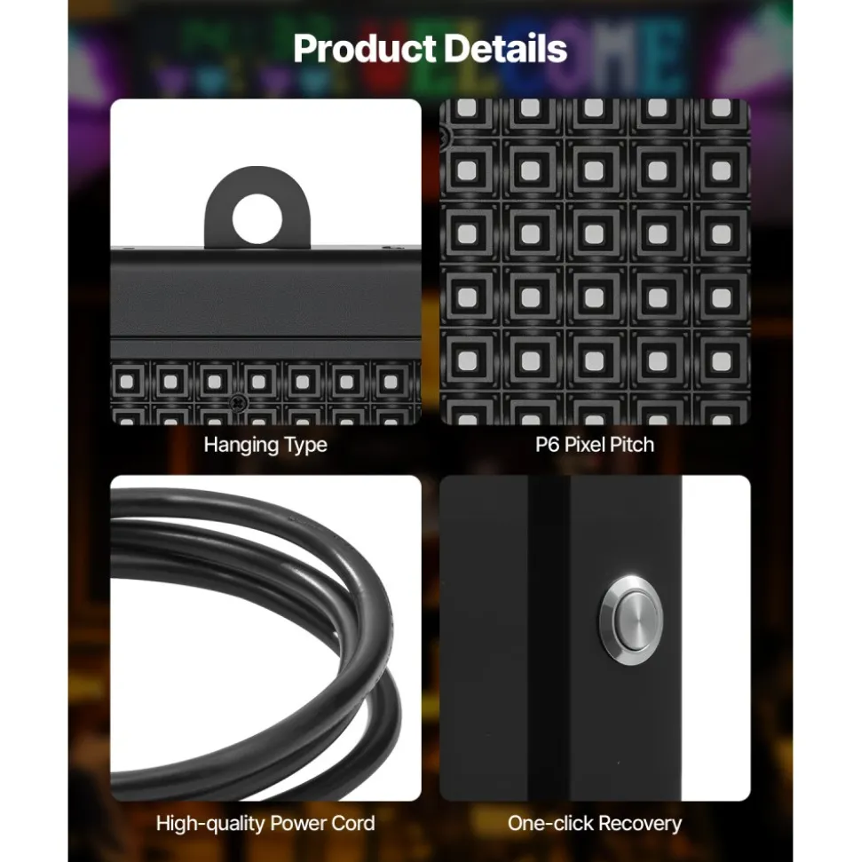 VEVOR Programmable LED Sign, P10 Full Color Flexible Digital Scrolling Panel, DIY Custom Text Pattern GIF Display Board, Bluetooth APP Control Message Shop Sign for Store Business Advertising, 52x8 in
