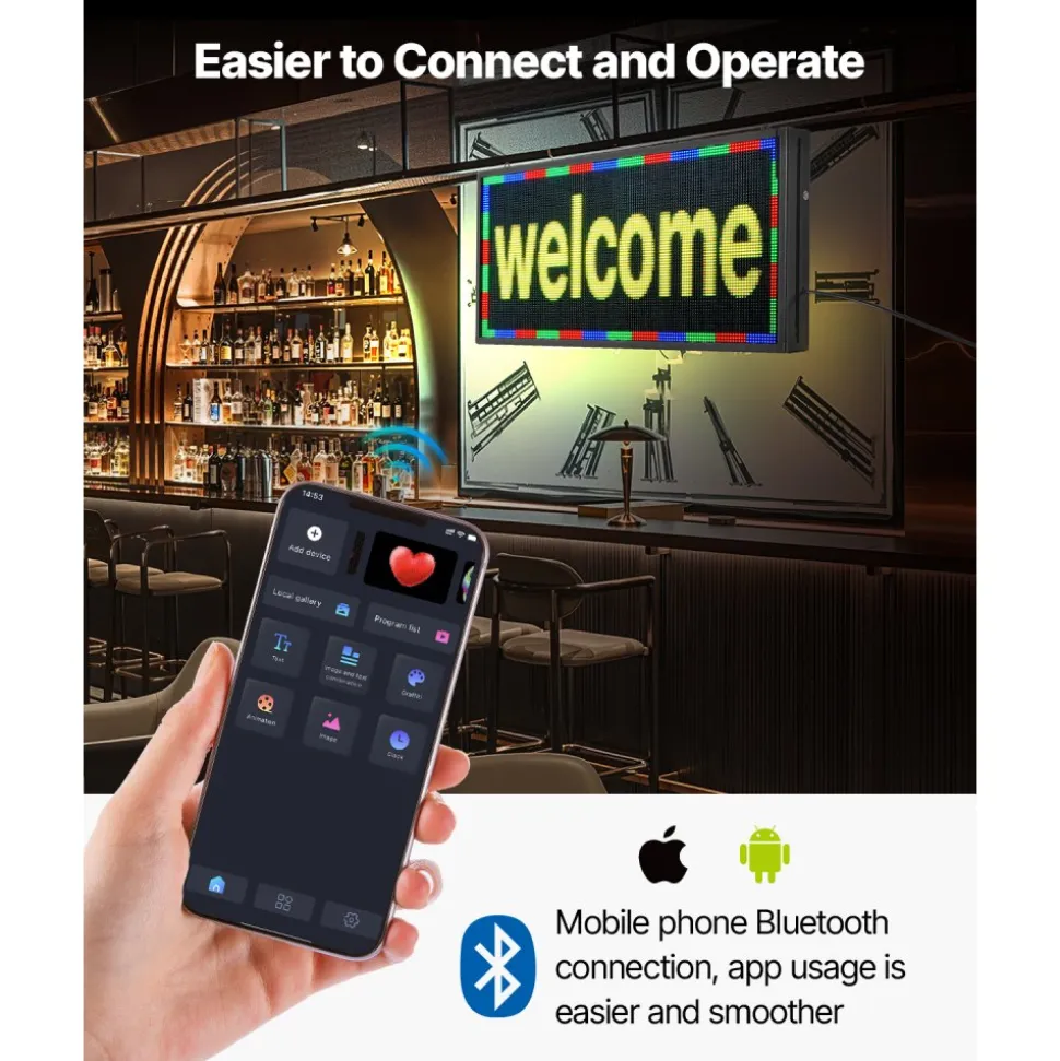 VEVOR Programmable LED Sign, P5 Full Color Flexible Digital Scrolling Panel, DIY Custom Text Pattern GIF Display, Bluetooth APP Control Message Board for Store Business Advertising, Indoor 27x14 in