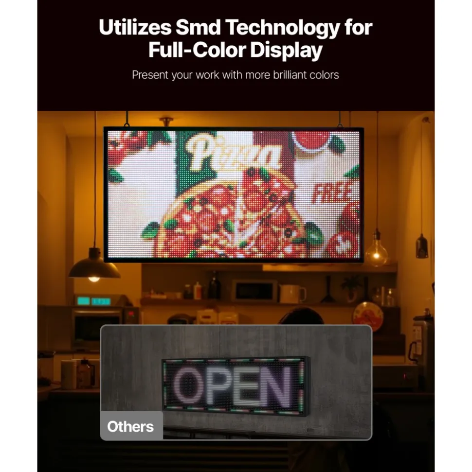 VEVOR Programmable LED Sign, P5 Full Color Flexible Digital Scrolling Panel, DIY Custom Text Pattern GIF Display, Bluetooth APP Control Message Board for Store Business Advertising, Indoor 27x14 in