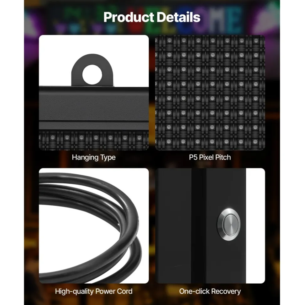 VEVOR Programmable LED Sign, P5 Full Color Flexible Digital Scrolling Panel, DIY Custom Text Pattern GIF Display, Bluetooth APP Control Message Board for Store Business Advertising, Indoor 27x14 in