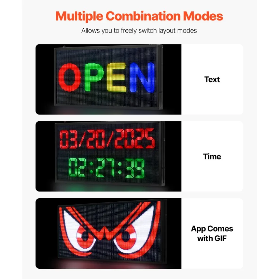 VEVOR Programmable LED Sign, P5 Full Color Flexible Digital Scrolling Panel, DIY Custom Text Pattern GIF Display, Bluetooth APP Control Message Board for Store Business Advertising, Indoor 27x14 in