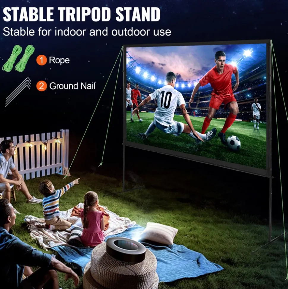 VEVOR Projector Screen with Stand, 100 inch 16:9 4K 1080 HD Outdoor Movie Screen with Stand, Wrinkle-Free Projection Screen with Bar Feet and Carry Bag, for Home Theater Cinema Backyard Movie Night