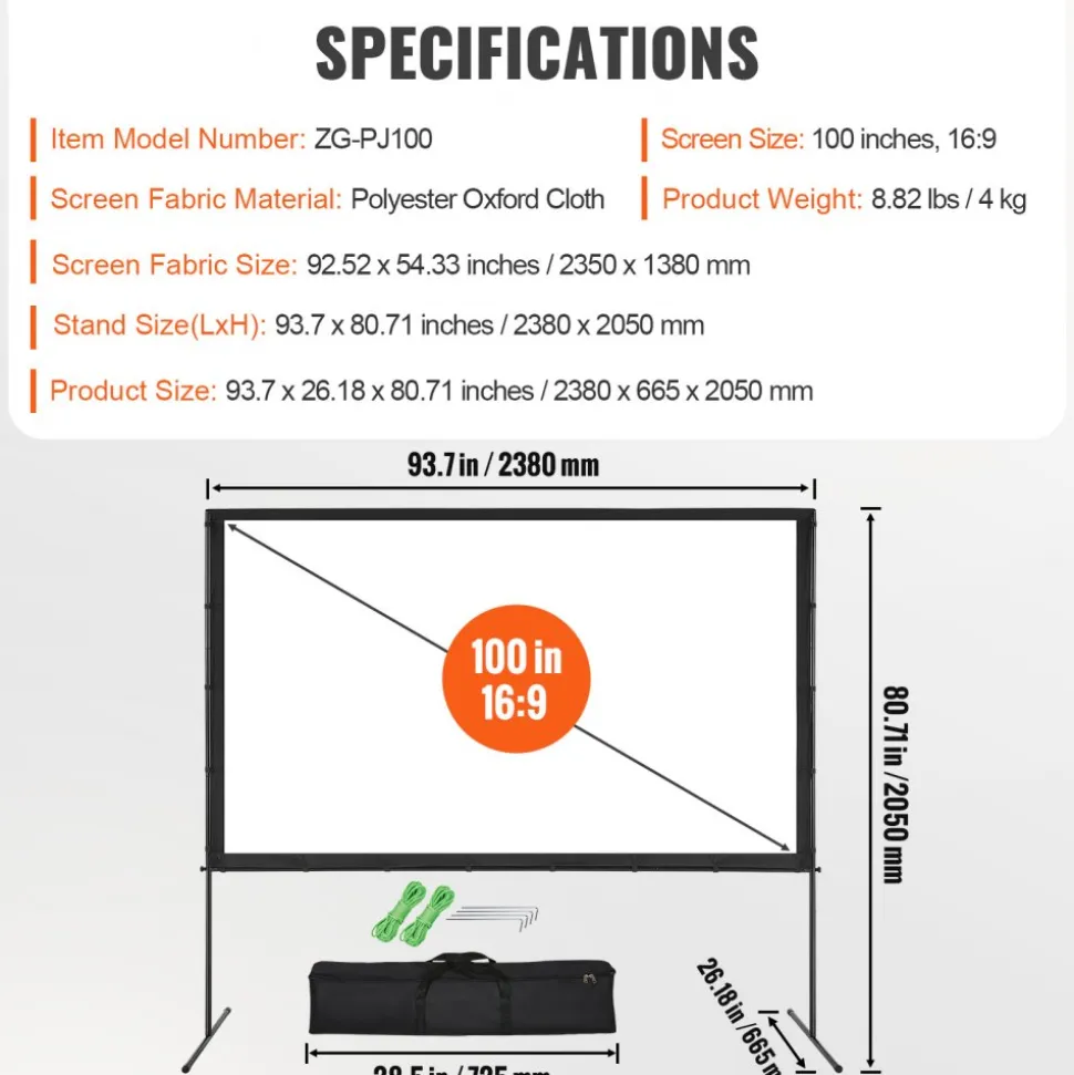 VEVOR Projector Screen with Stand, 100 inch 16:9 4K 1080 HD Outdoor Movie Screen with Stand, Wrinkle-Free Projection Screen with Bar Feet and Carry Bag, for Home Theater Cinema Backyard Movie Night