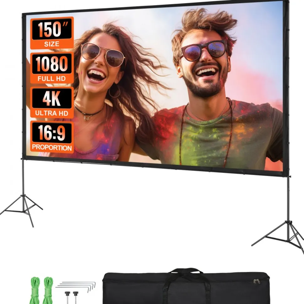 VEVOR Projector Screen with Stand, 150 inch 16:9 4K 1080 HD Outdoor Movie Screen with Stand, Wrinkle-Free Projection Screen with Tripods and Carry Bag, for Home Theater Cinema Backyard Movie Night
