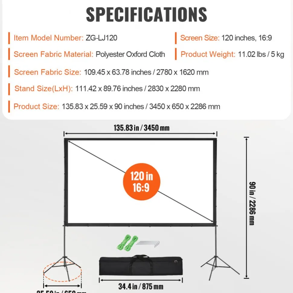 VEVOR Projector Screen with Stand, 120 inch 16:9 4K 1080 HD Outdoor Movie Screen with Stand, Wrinkle-Free Projection Screen with Tripods and Carry Bag, for Home Theater Cinema Backyard Movie Night