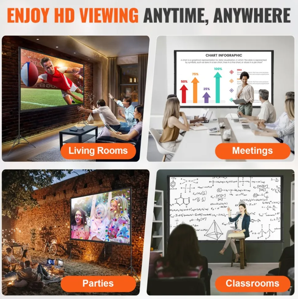 VEVOR Projector Screen with Stand, 120 inch 16:9 4K 1080 HD Outdoor Movie Screen with Stand, Wrinkle-Free Projection Screen with Tripods and Carry Bag, for Home Theater Cinema Backyard Movie Night