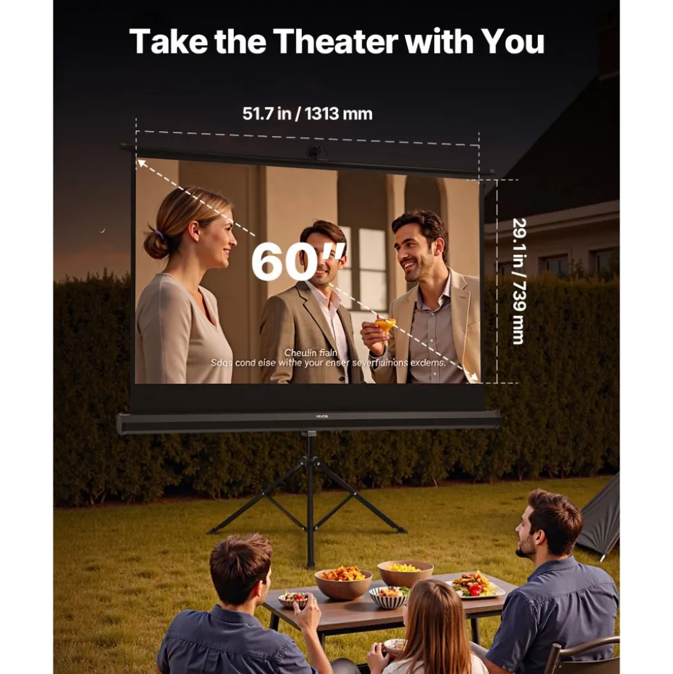 VEVOR Projector Screen with Stand, 60 Inch 160° Wide Angle Indoor Outdoor Projection Screen, 16:9 4K HD Wrinkleless Portable Tripod Screens with Carry Bag, for Movie Home Theater Office Presentation
