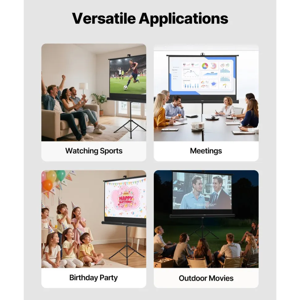 VEVOR Projector Screen with Stand, 60 Inch 160° Wide Angle Indoor Outdoor Projection Screen, 16:9 4K HD Wrinkleless Portable Tripod Screens with Carry Bag, for Movie Home Theater Office Presentation