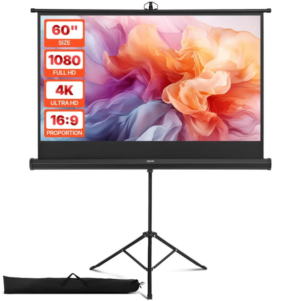 VEVOR Projector Screen with Stand, 60 Inch 160° Wide Angle Indoor Outdoor Projection Screen, 16:9 4K HD Wrinkleless Portable Tripod Screens with Carry Bag, for Movie Home Theater Office Presentation