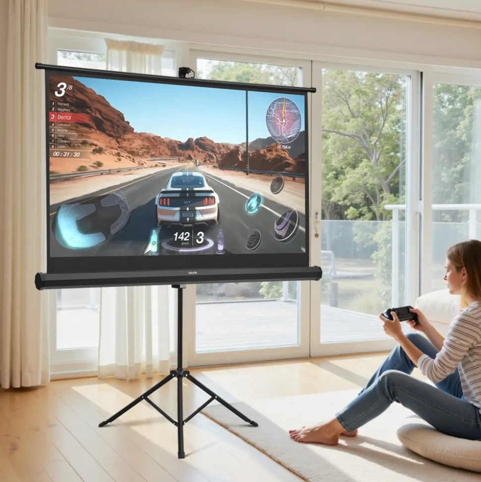 VEVOR Projector Screen with Stand, 60 Inch 160° Wide Angle Indoor Outdoor Projection Screen, 16:9 4K HD Wrinkleless Portable Tripod Screens with Carry Bag, for Movie Home Theater Office Presentation