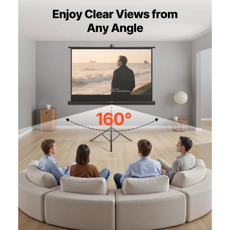 VEVOR Projector Screen with Stand, 60 Inch 160° Wide Angle Indoor Outdoor Projection Screen, 16:9 4K HD Wrinkleless Portable Tripod Screens with Carry Bag, for Movie Home Theater Office Presentation