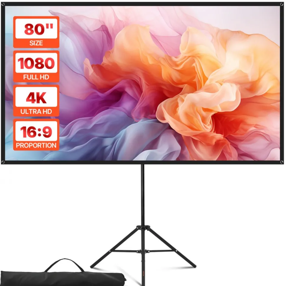 VEVOR Projector Screen with Stand, 100 Inch 160° Wide Angle Indoor Outdoor Projection Screen, 16:9 4K HD Wrinkleless Portable Dual-Tripod Screens with Carry Bag, for Movie Home Theater Presentation