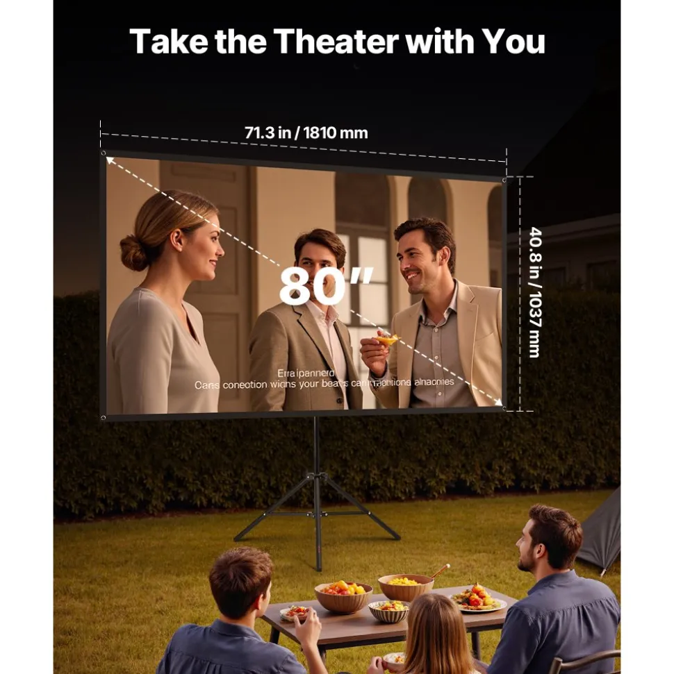 VEVOR Projector Screen with Stand, 100 Inch 160° Wide Angle Indoor Outdoor Projection Screen, 16:9 4K HD Wrinkleless Portable Dual-Tripod Screens with Carry Bag, for Movie Home Theater Presentation