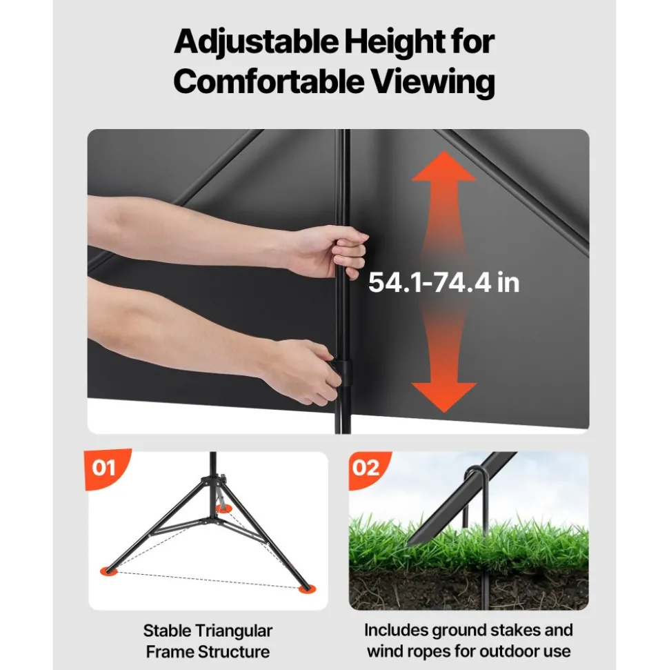VEVOR Projector Screen with Stand, 100 Inch 160° Wide Angle Indoor Outdoor Projection Screen, 16:9 4K HD Wrinkleless Portable Dual-Tripod Screens with Carry Bag, for Movie Home Theater Presentation