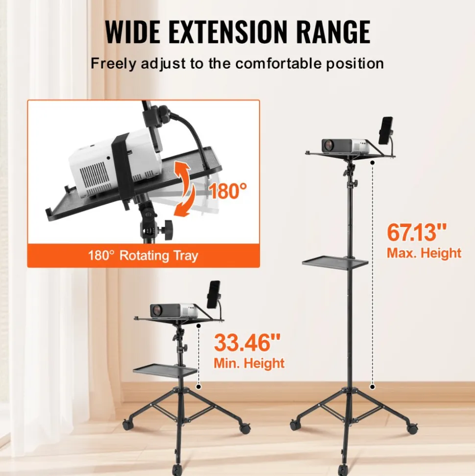 VEVOR Projector Stand with Wheels, Laptop Stand Tripod Adjustable Height from 31.3 to 67.3", Projector Tripod Stand with 2 Trays & Gooseneck Phone Holder, for Outdoor Movies, Home, Office or Studio