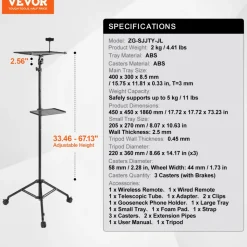 VEVOR Projector Stand with Wheels, Laptop Stand Tripod Adjustable Height from 31.3 to 67.3