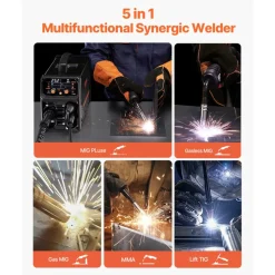 VEVOR Pro MIG Welder, 250A Pluse Mig Welding Machine, 5-in-1 Synergic Welder Machine MIG Pluse/Gas MIG/Flux Core MIG/Stick/Lift TIG, 110V/220V Dual Voltage Aluminum Mig Welder with LCD Screen Display