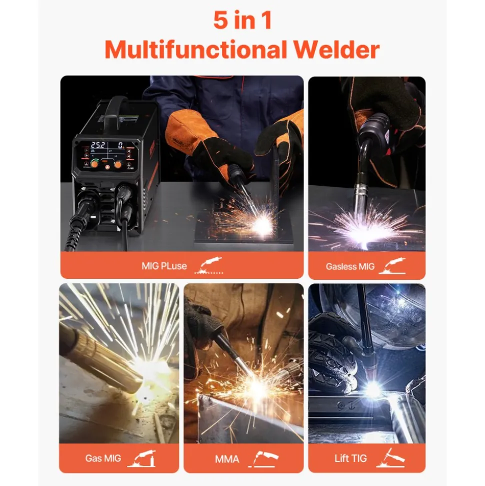 VEVOR Pro MIG Welder, 200A Pluse Mig Welding Machine, 5-in-1 Multi-Functional Welder Machine MIG Pluse/Gas MIG/Flux Core MIG/Stick/Lift TIG, 110V/220V Dual Voltage Aluminum Mig Welder with LCD Display