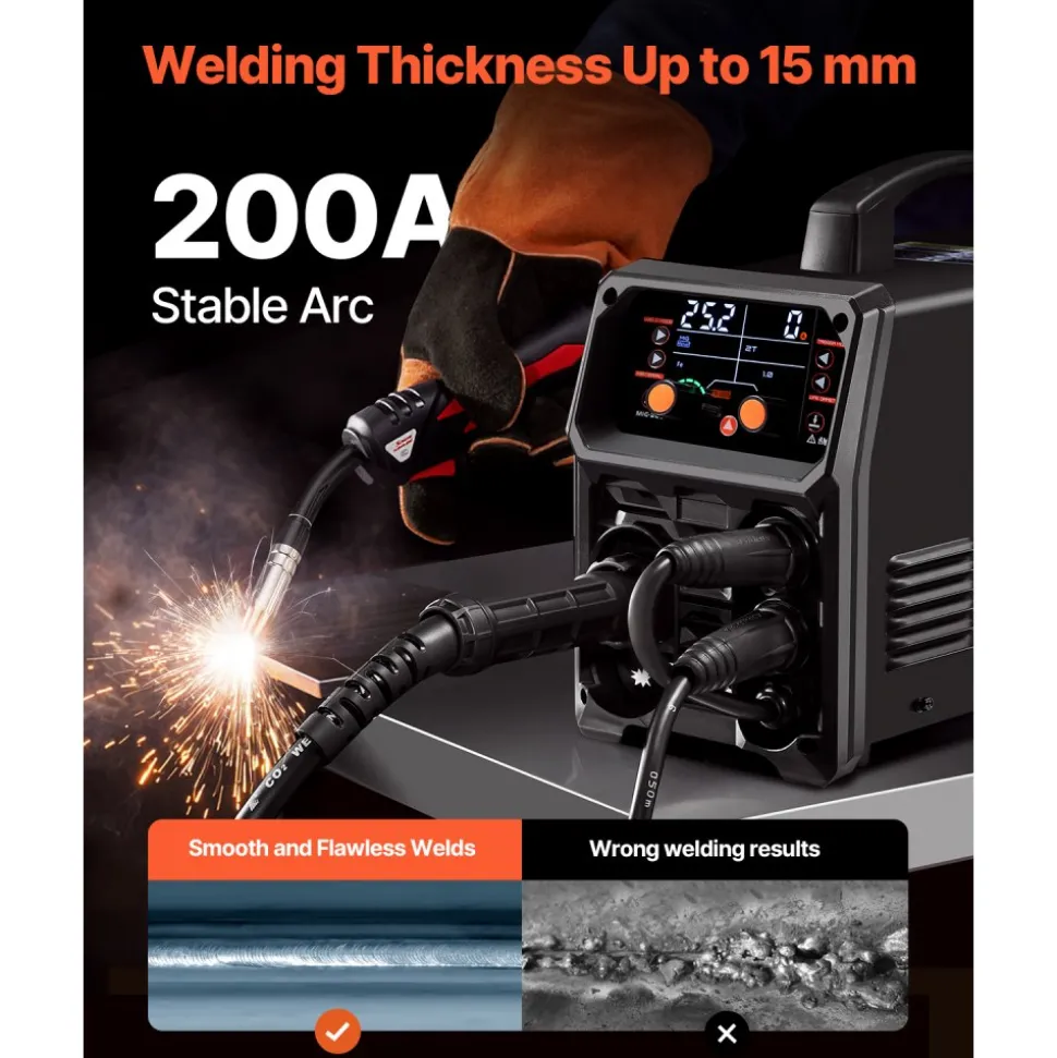 VEVOR Pro MIG Welder, 200A Pluse Mig Welding Machine, 5-in-1 Multi-Functional Welder Machine MIG Pluse/Gas MIG/Flux Core MIG/Stick/Lift TIG, 110V/220V Dual Voltage Aluminum Mig Welder with LCD Display
