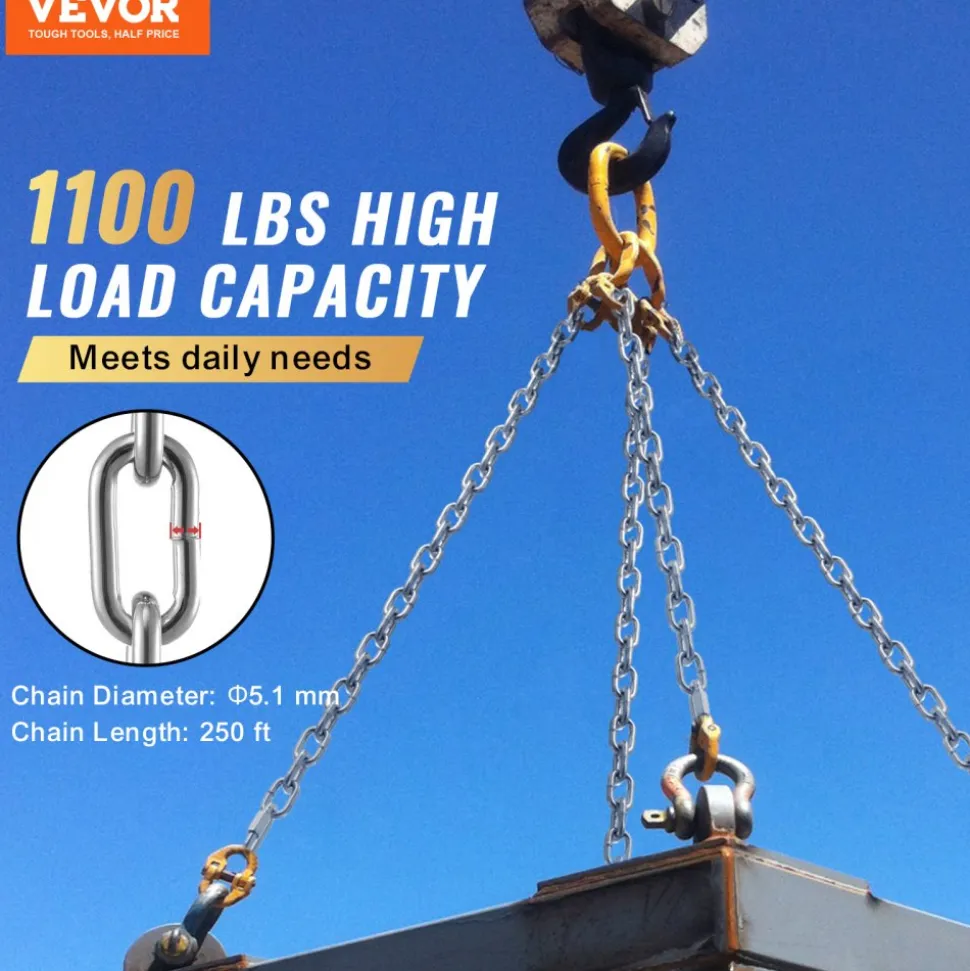 VEVOR Proof Coil Chain, 5/16" x 92', 1667 lbs Safe Working Load, Zinc Plated Proof Tested Coil Chain with Two Quick Links, Galvanized Carbon Steel Link Chain for Towing, Hanging, Camping, Pet Towing