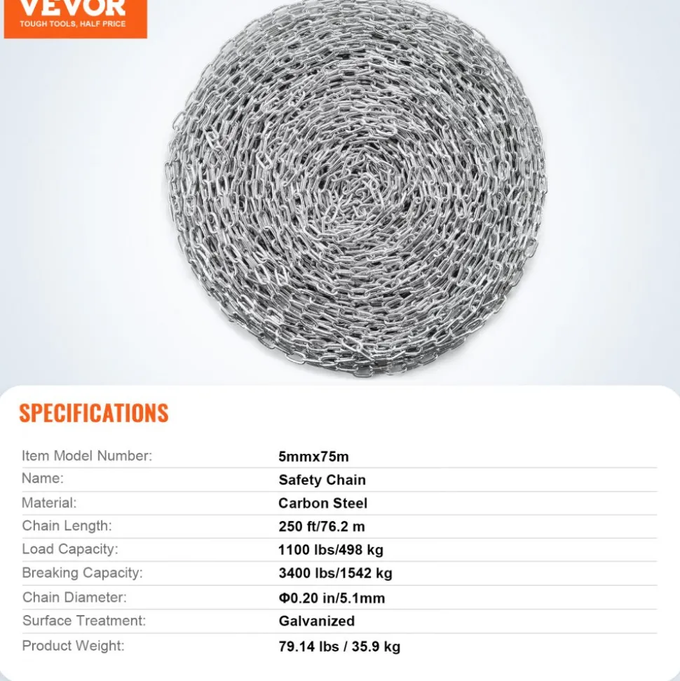 VEVOR Proof Coil Chain, 5/16" x 92', 1667 lbs Safe Working Load, Zinc Plated Proof Tested Coil Chain with Two Quick Links, Galvanized Carbon Steel Link Chain for Towing, Hanging, Camping, Pet Towing