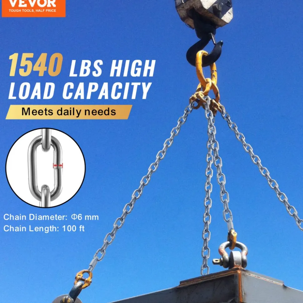 VEVOR Proof Coil Chain, 1/4" x 100', 1540 lbs Safe Working Load, Zinc Plated Proof Tested Coil Chain with Two Quick Links, Galvanized Carbon Steel Link Chain for Towing, Hanging, Camping, Pet Towing