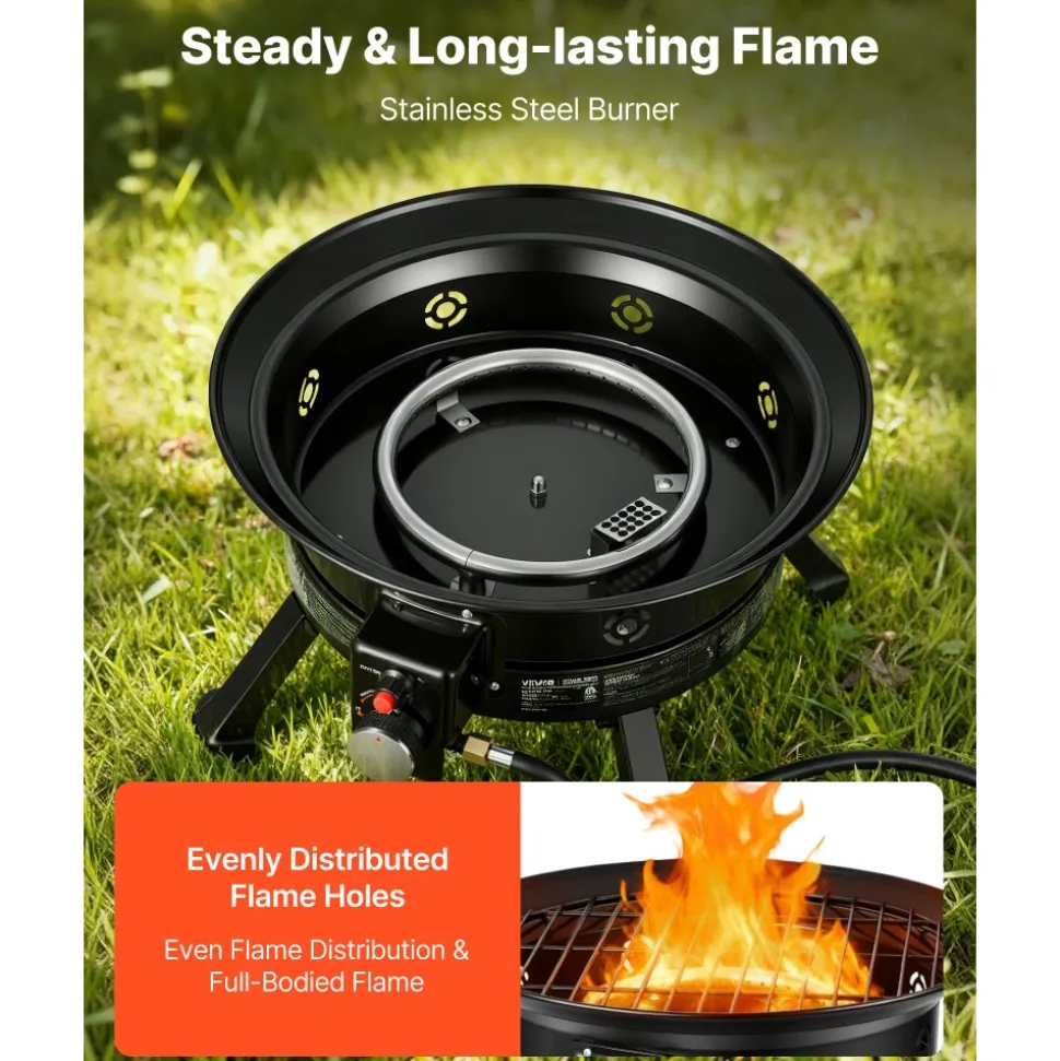 VEVOR Propane Fire Pit 19-Inch, 53,000 BTU Portable Gas Fire Pit, with Grill Grate & Lava Rocks, Adjustable Flame, Folding Legs,Smokeless Outdoor Firebowl for Camping, Patio, Backyard, Deck, RV, Black