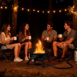 VEVOR Propane Fire Pit 19-Inch, 53,000 BTU Portable Gas Fire Pit, with Grill Grate & Lava Rocks, Adjustable Flame, Folding Legs,Smokeless Outdoor Firebowl for Camping, Patio, Backyard, Deck, RV, Black