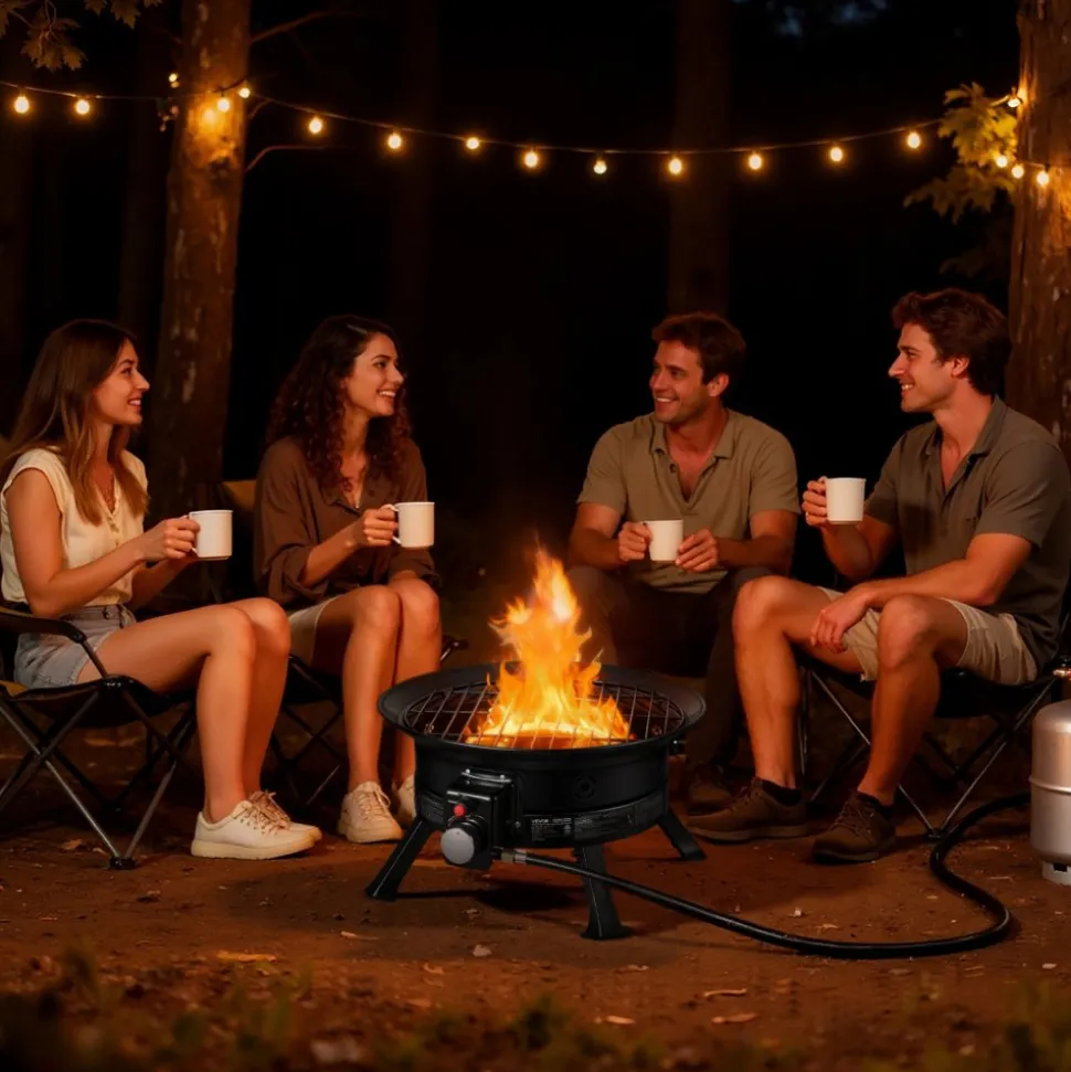 VEVOR Propane Fire Pit 19-Inch, 53,000 BTU Portable Gas Fire Pit, with Grill Grate & Lava Rocks, Adjustable Flame, Folding Legs,Smokeless Outdoor Firebowl for Camping, Patio, Backyard, Deck, RV, Black