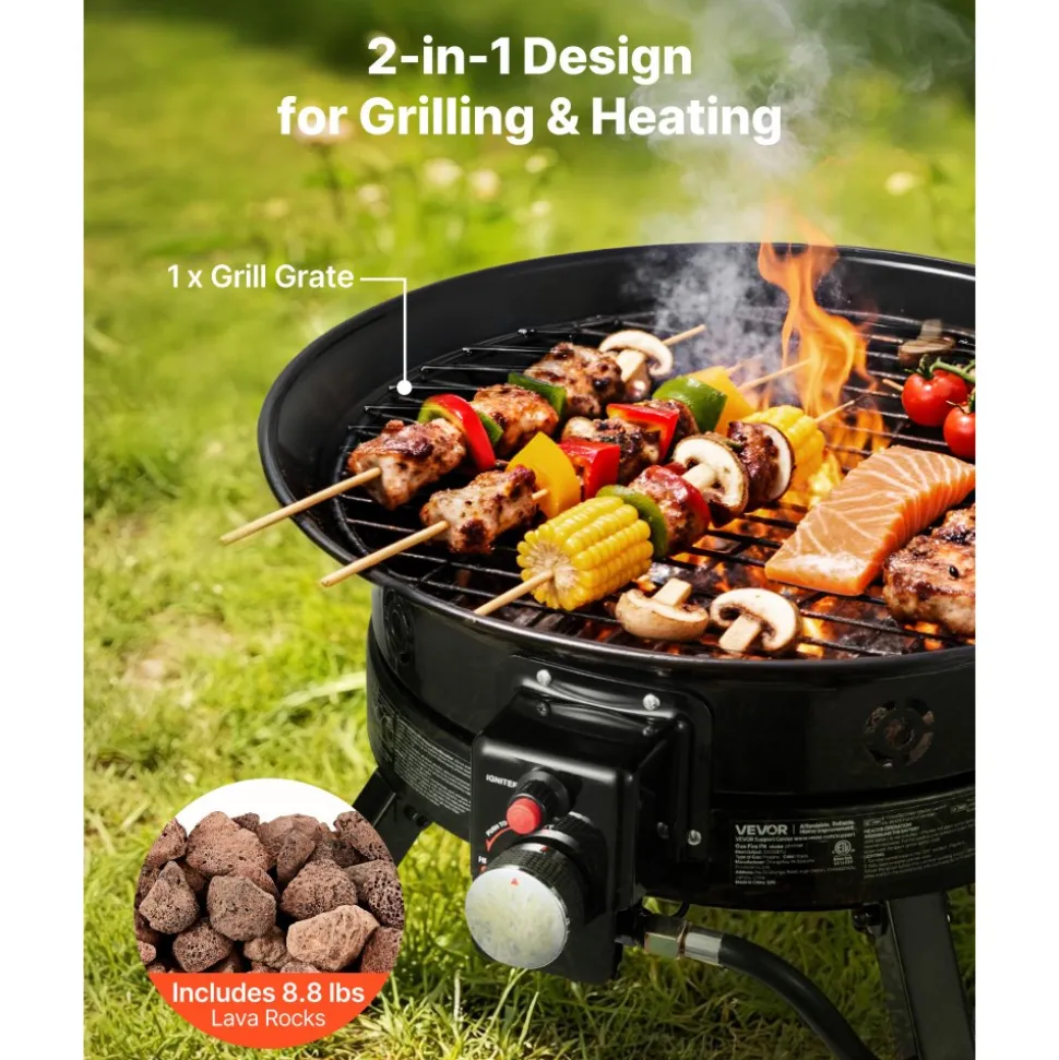 VEVOR Propane Fire Pit 19-Inch, 53,000 BTU Portable Gas Fire Pit, with Grill Grate & Lava Rocks, Adjustable Flame, Folding Legs,Smokeless Outdoor Firebowl for Camping, Patio, Backyard, Deck, RV, Black