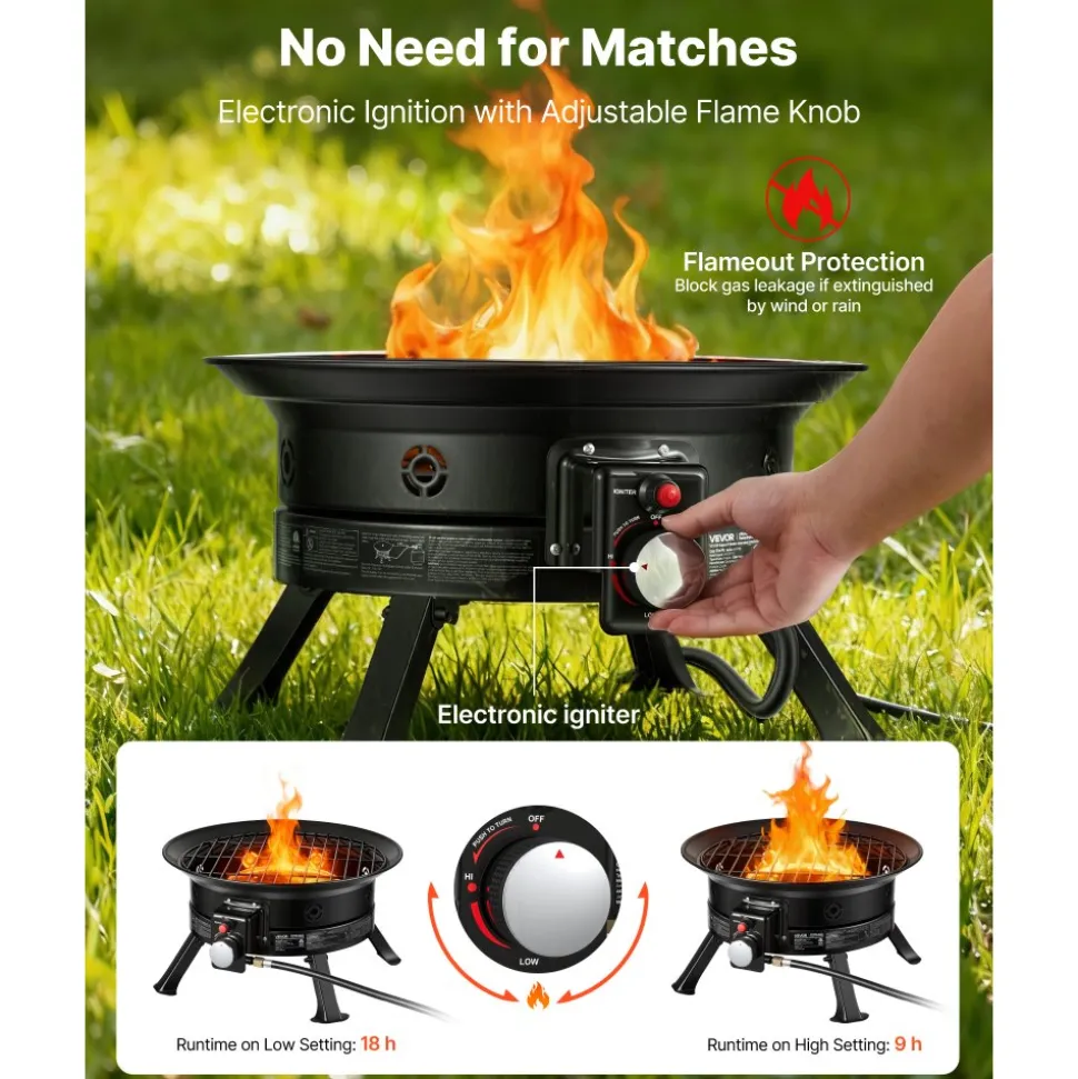 VEVOR Propane Fire Pit 19-Inch, 53,000 BTU Portable Gas Fire Pit, with Grill Grate & Lava Rocks, Adjustable Flame, Folding Legs,Smokeless Outdoor Firebowl for Camping, Patio, Backyard, Deck, RV, Black