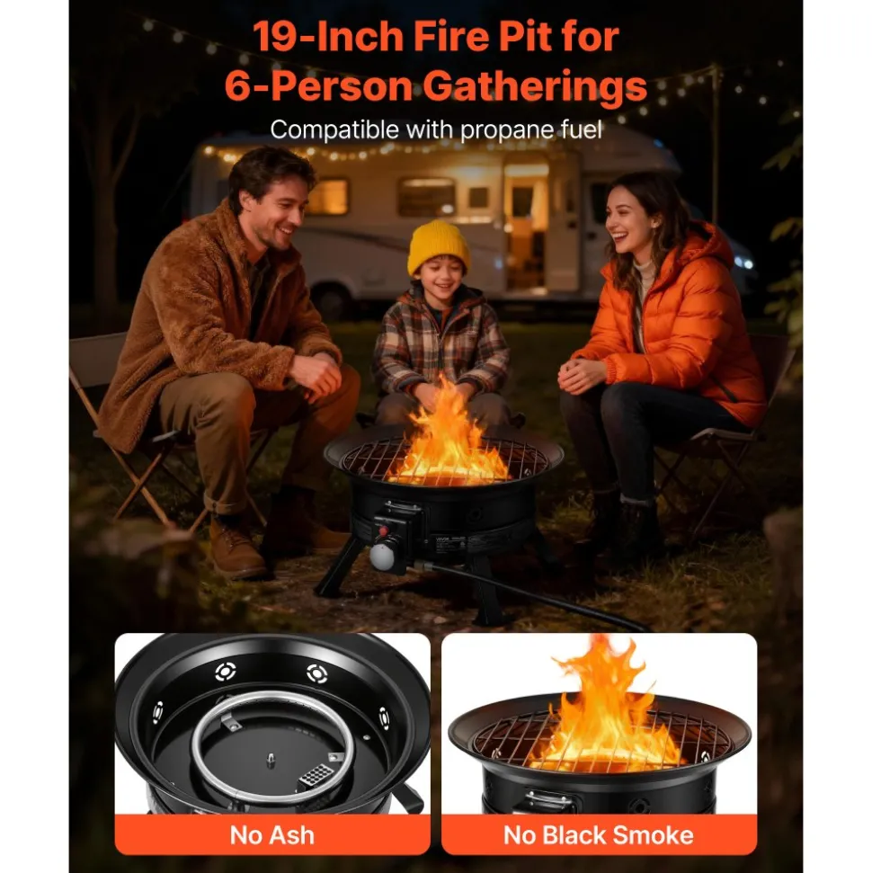 VEVOR Propane Fire Pit 19-Inch, 53,000 BTU Portable Gas Fire Pit, with Grill Grate & Lava Rocks, Adjustable Flame, Folding Legs,Smokeless Outdoor Firebowl for Camping, Patio, Backyard, Deck, RV, Black
