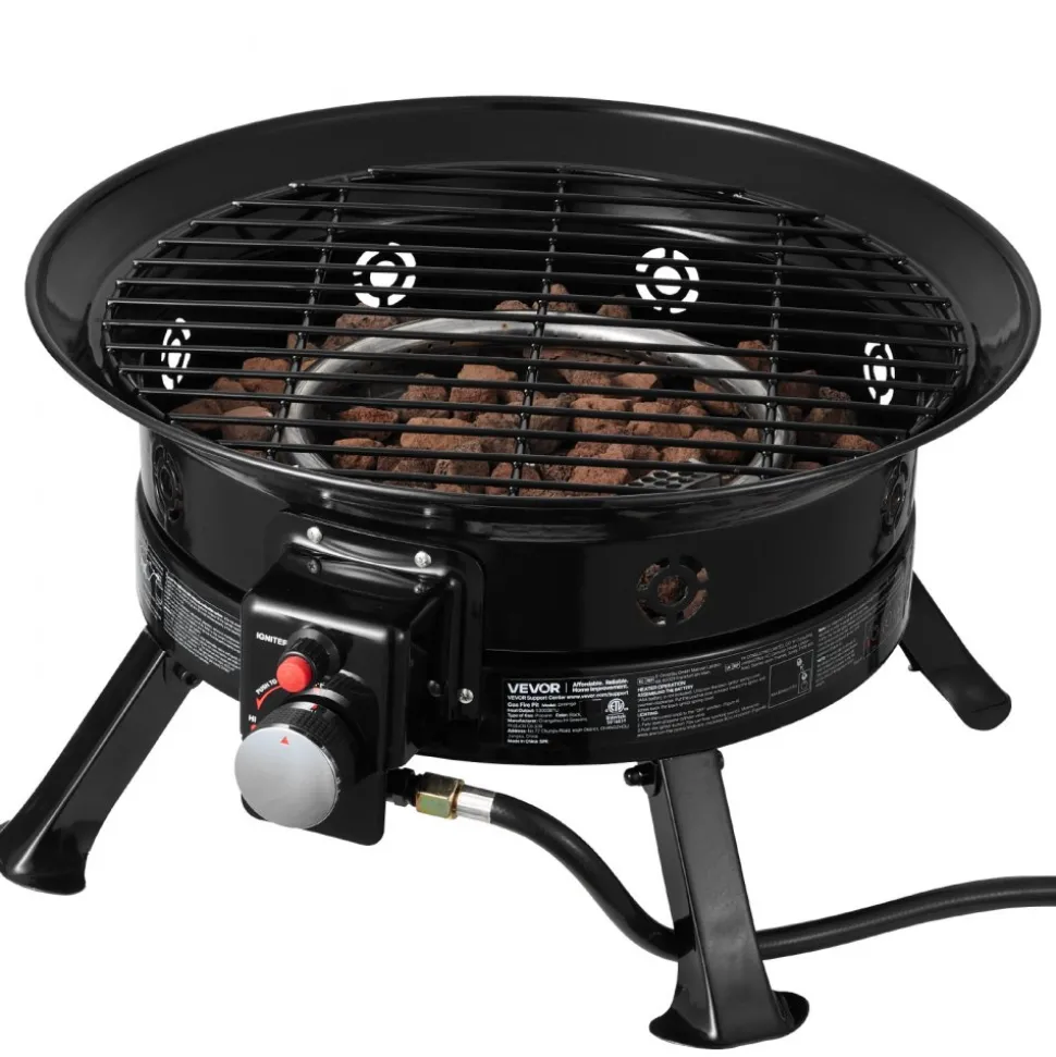 VEVOR Propane Fire Pit 19-Inch, 53,000 BTU Portable Gas Fire Pit, with Grill Grate & Lava Rocks, Adjustable Flame, Folding Legs,Smokeless Outdoor Firebowl for Camping, Patio, Backyard, Deck, RV, Black