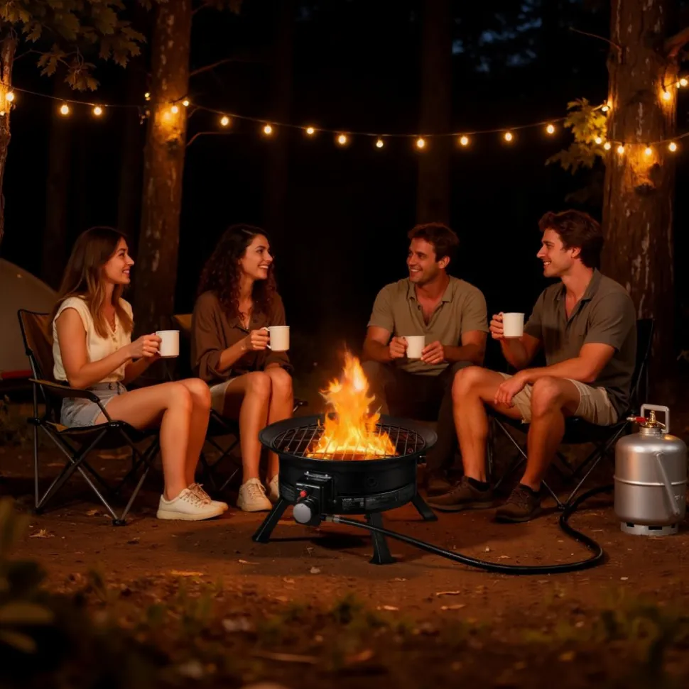 VEVOR Propane Fire Pit 19-Inch, 53,000 BTU Portable Gas Fire Pit, with Grill Grate & Lava Rocks, Adjustable Flame, Folding Legs,Smokeless Outdoor Firebowl for Camping, Patio, Backyard, Deck, RV, Black