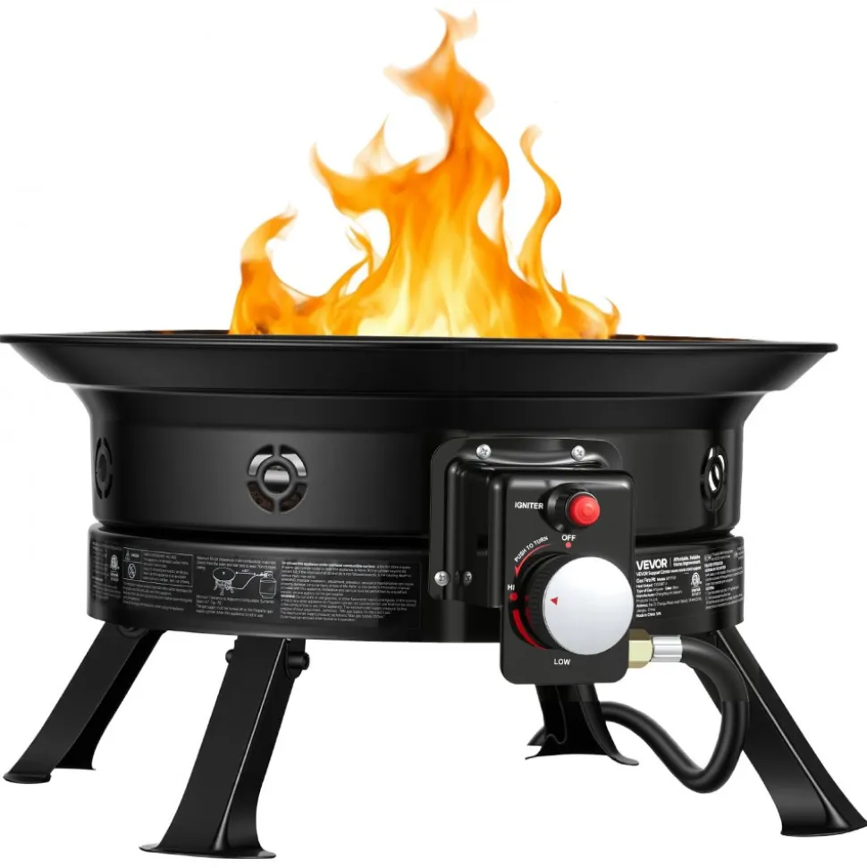 VEVOR Propane Fire Pit 19-Inch, 53,000 BTU Portable Gas Fire Pit, with Grill Grate & Lava Rocks, Adjustable Flame, Folding Legs,Smokeless Outdoor Firebowl for Camping, Patio, Backyard, Deck, RV, Black