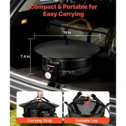 VEVOR Propane Fire Pit 19-Inch, 53,000 BTU Portable Gas Fire Pit, with Grill Grate & Lava Rocks, Adjustable Flame, Folding Legs,Smokeless Outdoor Firebowl for Camping, Patio, Backyard, Deck, RV, Black