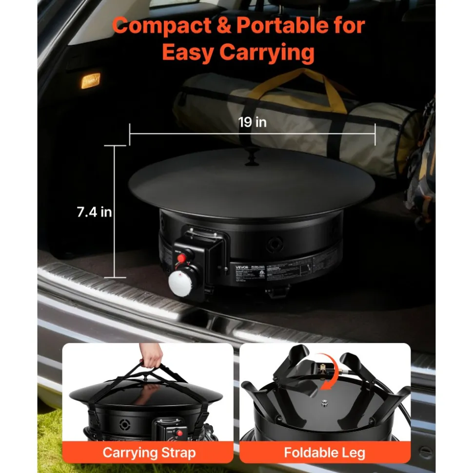 VEVOR Propane Fire Pit 19-Inch, 53,000 BTU Portable Gas Fire Pit, with Grill Grate & Lava Rocks, Adjustable Flame, Folding Legs,Smokeless Outdoor Firebowl for Camping, Patio, Backyard, Deck, RV, Black