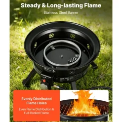 VEVOR Propane Fire Pit 24-Inch, 53,000 BTU Portable Gas Fire Pit, with Grill Grate & Lava Rocks, Adjustable Flame, Folding Legs,Smokeless Outdoor Firebowl for Camping, Patio, Backyard, Deck, RV, Black
