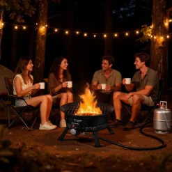 VEVOR Propane Fire Pit 24-Inch, 53,000 BTU Portable Gas Fire Pit, with Grill Grate & Lava Rocks, Adjustable Flame, Folding Legs,Smokeless Outdoor Firebowl for Camping, Patio, Backyard, Deck, RV, Black