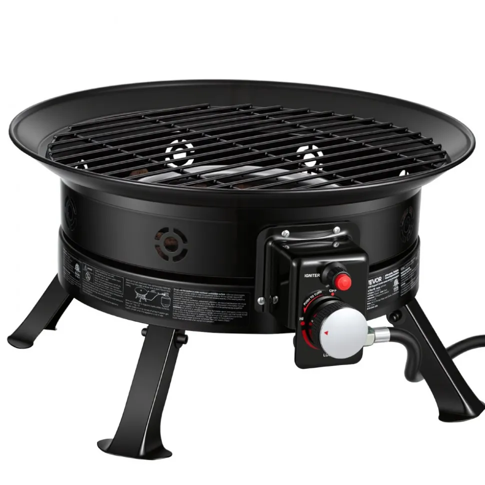 VEVOR Propane Fire Pit 24-Inch, 53,000 BTU Portable Gas Fire Pit, with Grill Grate & Lava Rocks, Adjustable Flame, Folding Legs,Smokeless Outdoor Firebowl for Camping, Patio, Backyard, Deck, RV, Black