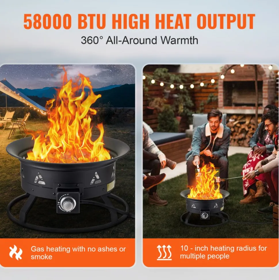 VEVOR Propane Fire Pit, 24-Inch Diameter Outdoor Portable Gas Fire Pit with Cover & Lava Rocks, Adjustable Flame Height Camping Firepit for Heating, Lighting, Gathering, 58,000 BTU, Black