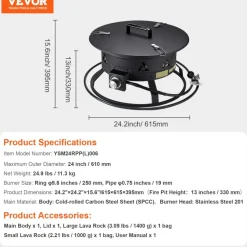 VEVOR Propane Fire Pit, 24-Inch Diameter Outdoor Portable Gas Fire Pit with Cover & Lava Rocks, Adjustable Flame Height Camping Firepit for Heating, Lighting, Gathering, 58,000 BTU, Black