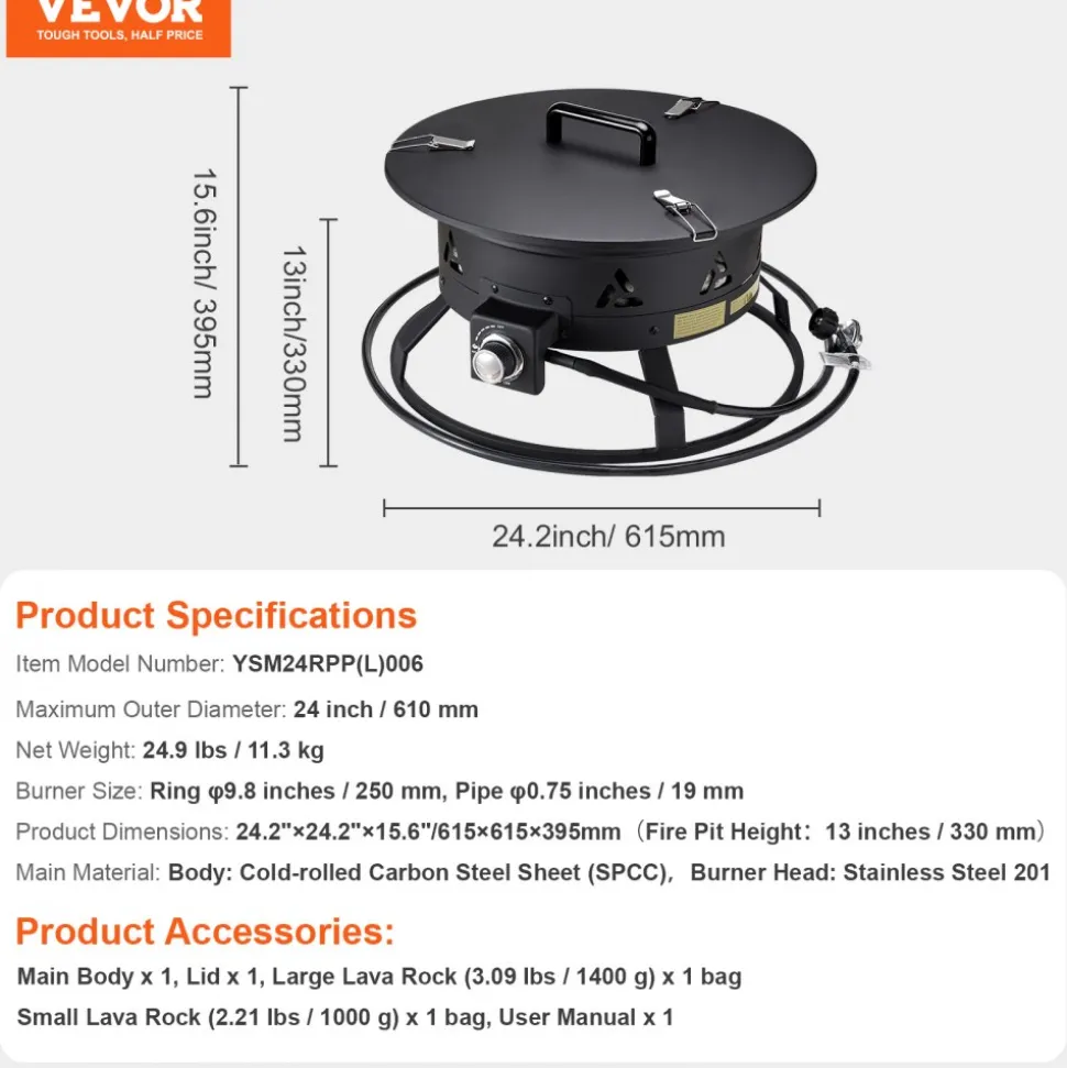 VEVOR Propane Fire Pit, 24-Inch Diameter Outdoor Portable Gas Fire Pit with Cover & Lava Rocks, Adjustable Flame Height Camping Firepit for Heating, Lighting, Gathering, 58,000 BTU, Black