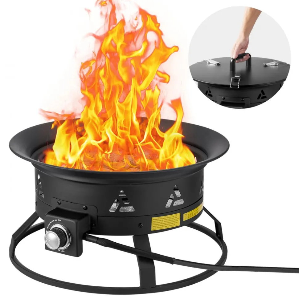 VEVOR Propane Fire Pit, 24-Inch Diameter Outdoor Portable Gas Fire Pit with Cover & Lava Rocks, Adjustable Flame Height Camping Firepit for Heating, Lighting, Gathering, 58,000 BTU, Black