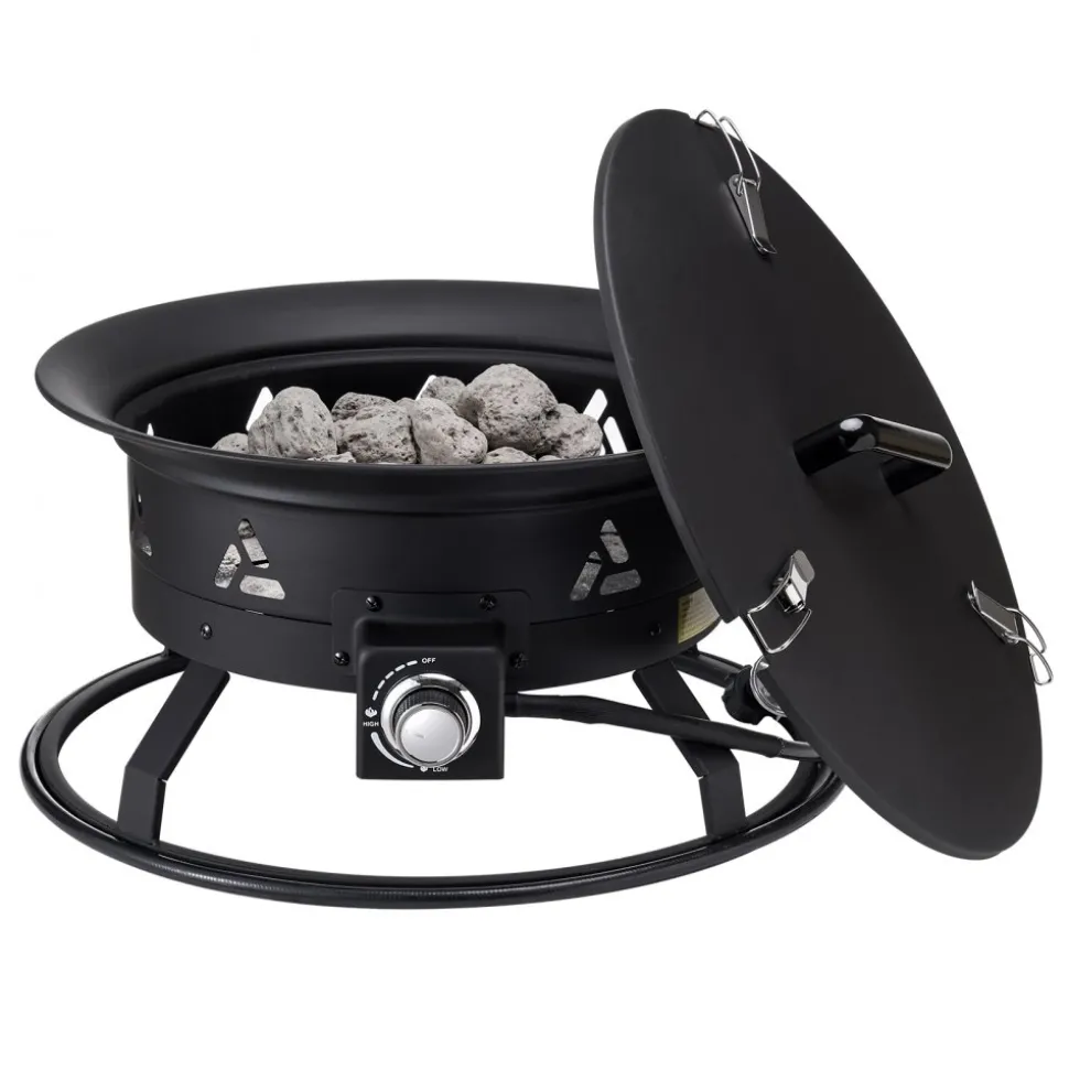 VEVOR Propane Fire Pit, 24-Inch Diameter Outdoor Portable Gas Fire Pit with Cover & Lava Rocks, Adjustable Flame Height Camping Firepit for Heating, Lighting, Gathering, 58,000 BTU, Black