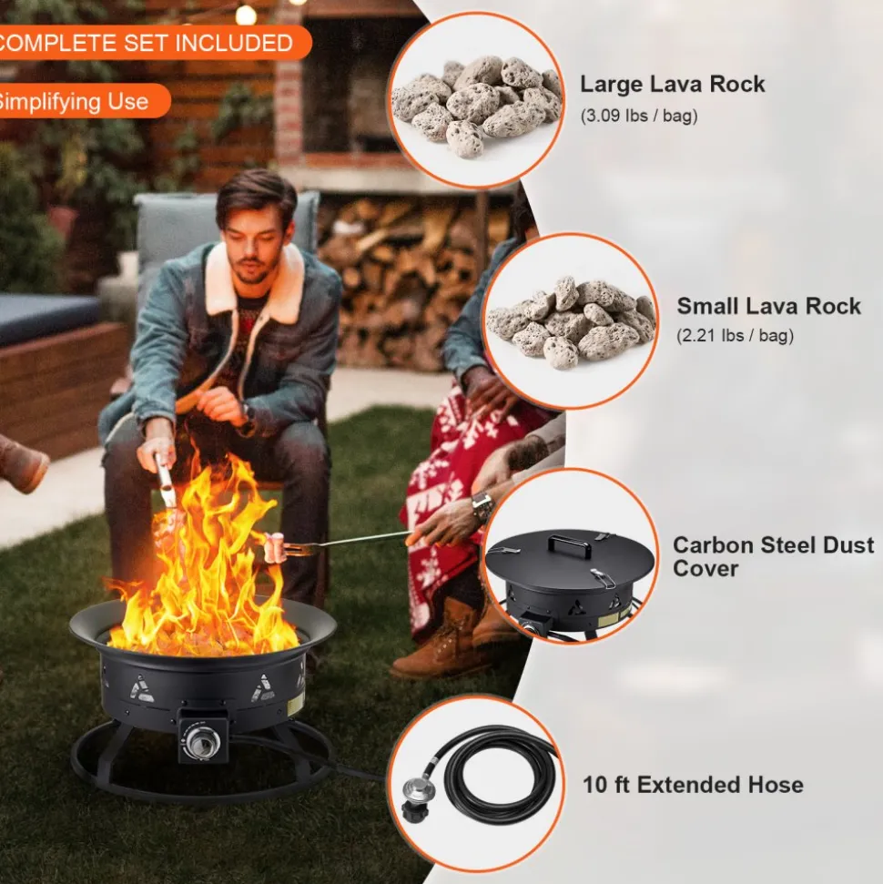 VEVOR Propane Fire Pit, 24-Inch Diameter Outdoor Portable Gas Fire Pit with Cover & Lava Rocks, Adjustable Flame Height Camping Firepit for Heating, Lighting, Gathering, 58,000 BTU, Black